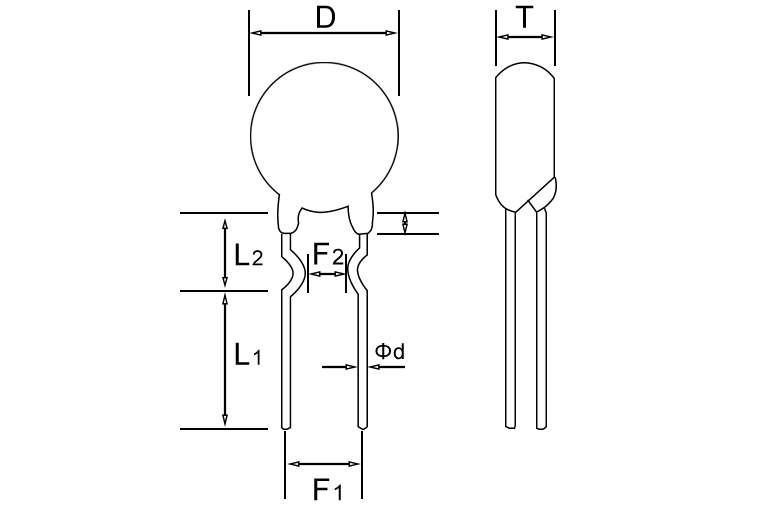 热敏电阻NTC 10D-9 10Ω±20% 2800K 2A -40℃~+150℃ 插件,P=7.5m 内弯脚 